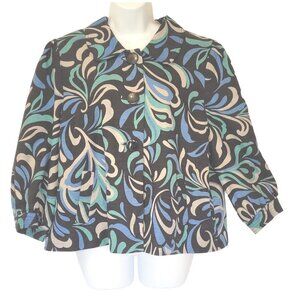 Silk Land Womens Jacket XL Silk Floral Pattern Big Button Lined Blue Black Class